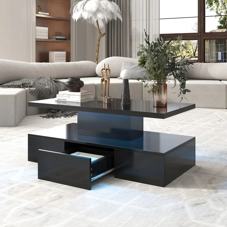 Merax Couchtisch, Tisch mit Schubladen, Hochglanzlackierung, Beistelltisch mit zwei Ablageebenen. Mit LED-Licht, Schwarz – Bild 8