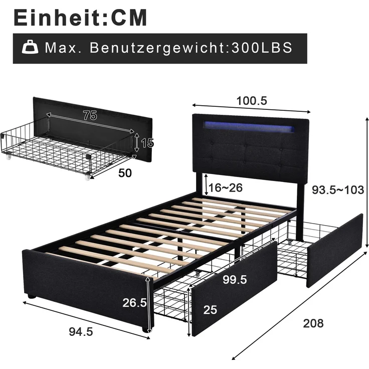 Einzelbett 90 × 200 cm mit LED-Beleuchtung, verstellbarem Kopfteil, 2 Schubladen, Leinenbezug in Schwarz, modernes Design – Bild 10