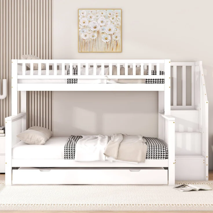 Etagenbett 90x200/140x200 cm Kinderbett mit ausziehbarem Rollbett,Hochbett mit Ablagefächern, Treppe und Geländer,weiß – Bild 3