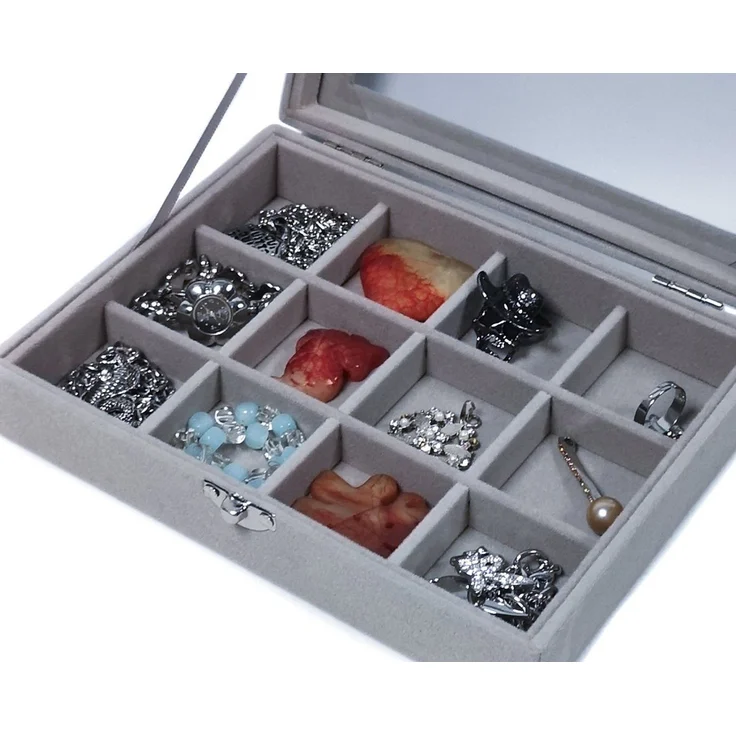 Yudu Aufbewahrungsbox Schmucktablett Schmucklade Schmuckkästchen mit Glasdeckel grau – Bild 2
