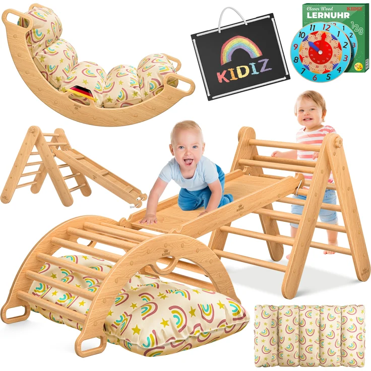 KIDIZ® Klettergerüst Montessori 7in1 Spiel-Set mit Kletterbogen Rutsche Kletterdreieck aus Holz inklusive Kissen, Tafel & Lern-Uhr | Indoor Spielplatz für Kleinkinder ab 1 Jahr & Kinder bis 3 Jahre Hellbraun / Hellbraun