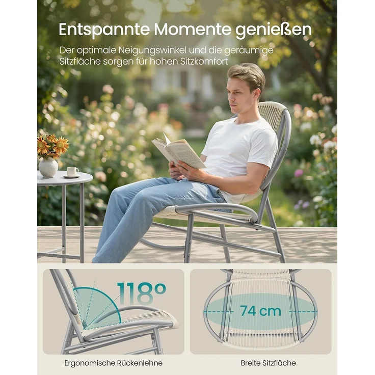 SONGMICS Balkonmöbel 3er Set, Gartenmöbel-Set mit Tisch und 2 Stühlen, PE-Polyrattan, grau – Bild 3