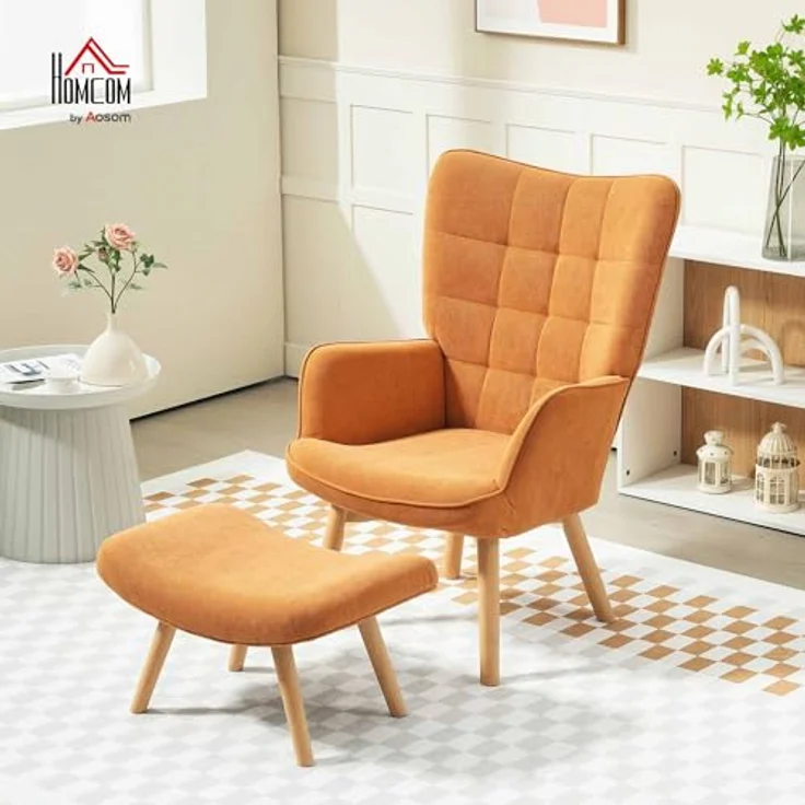 HOMCOM Relaxsessel Ohrensessel mit Hoher Rückenlehne, Holzbeine (Sessel mit Hocker, 2-St, Loungesessel), mit getuftetem Design, Cord-Optik, für Wohnzimmer, Braun – Bild 3