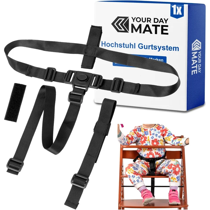 Hochstuhl 3-Punkt Gurtsystem, 1 Set, kompatibel mit Hauck Alpha, Beta, Stokke Tripp Trapp ohne Baby Set, roba Sit Up und weiteren Modellen, Schwarz, verstellbarer Hochstuhlgurt inkl. Schrittgurt