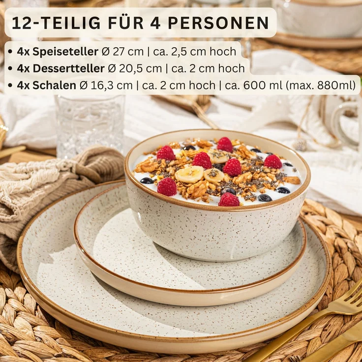 SÄNGER Steingut Geschirrset Rio Creme, Tafelservice 12 teilig für 4 Personen – Bild 2
