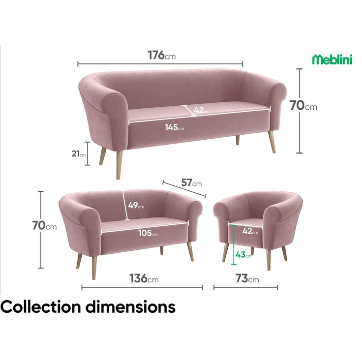 MEBLINI Sofa-Set EMILIA 3+2+1 - Rosa Samt - für Wohnzimmer - Mini Lounge für sechs Personen - Küchensofa - Sofa Klein - Sitzgarnitur - Polstergarnitur - Sofagarnituren – Bild 7