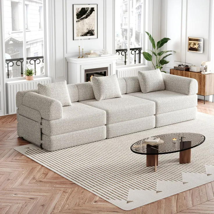 Schlafsofa aus Chenille, 2-in-1 mit Armlehnen-Ablagefach, 274x91,4x69,8 cm, Khaki