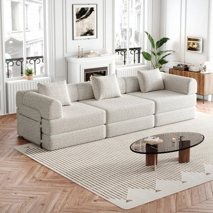 Schlafsofa aus Chenille, 2-in-1 mit Armlehnen-Ablagefach, 274x91,4x69,8 cm, Khaki – Bild 1
