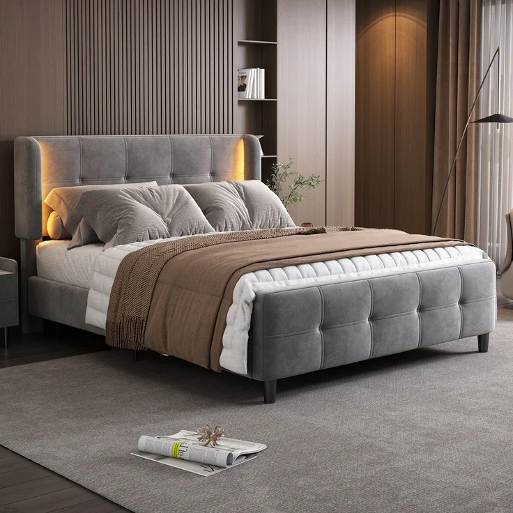 Polsterbett 140x200 Grau mit LED 16 Farben, Samt Doppelbett mit gesteppter Lehne, höhenverstellbarem Kopfteil, modernes LED-Bett – Bild 2