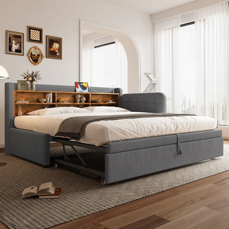 Daybett Leinen mit Ausziehbett, USB-Anschluss & Ablagen, 90x200 cm, Grau, ohne Matratze – Bild 5