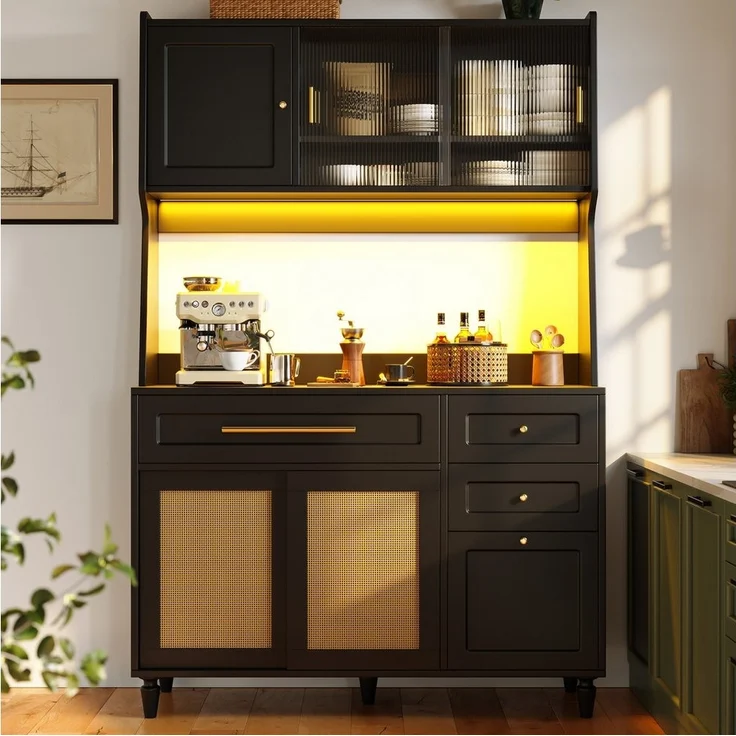 Flieks Küchenbuffet mit LED-Beleuchtung, Schubladen, Glas-&Rattan-Schiebetüren (1-St, B120/T45/H195,5 cm) Hochschrank Küchenschrank Geschirrschrank mit verstellbare Ablagen – Bild 2