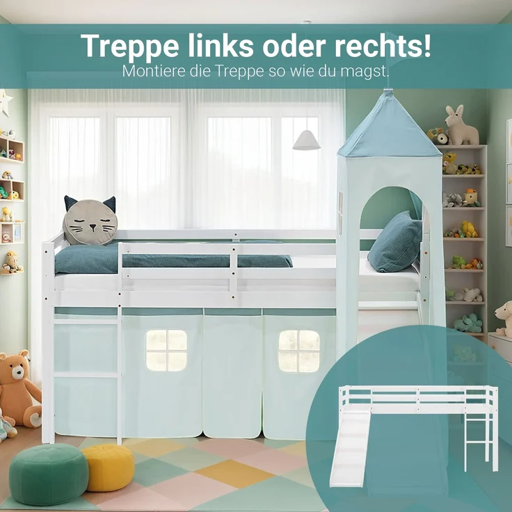 Hochbett Kinder 90x200 cm mit Rutsche Kinderbett Kinderhochbett Stockbett Vorhang Turm Grün Mintgrün – Bild 6