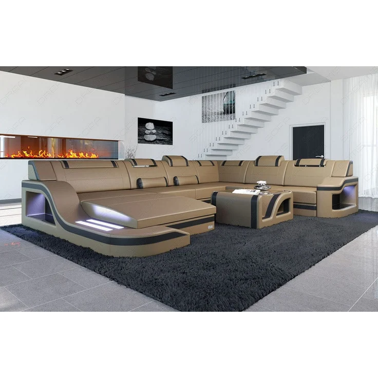 Mini XL Leder Wohnlandschaft Palermo mit LED - Kunstleder - Sandbeige-Schwarz - Links – Bild 2