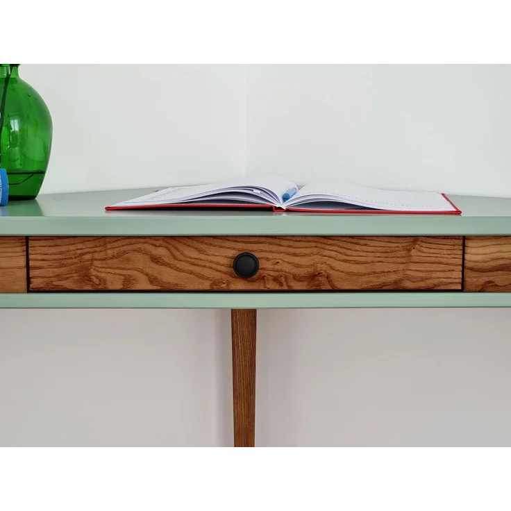 Ragaba Eckschreibtisch mit Schublade, MDF & Massives Eschenholz Eiche gebeizt, 114x61 cm, Salbei Grün – Bild 5