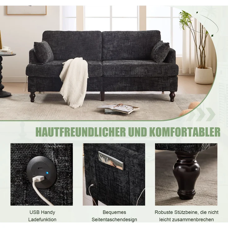 2-sitziges Chenille-Sofa mit USB-Ladeanschluss, LED-Licht und Aufbewahrungstasche in Schwarz – Bild 9