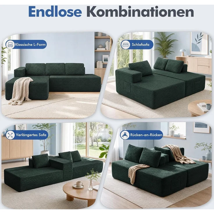 COMHOMA Ecksofa mit Schlaffunktion, 228cm Corduroy Modulares Boneless Couch mit Chaiselongue & Rücken-Metallgestell, L-Form Schlafsofa mit offenem Design, Kissen & Seitentaschen,für Wohnzimmer, Grün-R – Bild 6