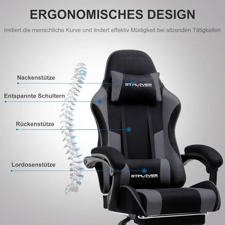 GTPLAYER Bürostuhl Gaming Stuhl Stoff Sessel Ergonomischer Gamer Stuhl mit Fußstütze, Kopfstütze Lendenkissen, Gepolstert Gaming Chair, Drehsessel – Bild 2