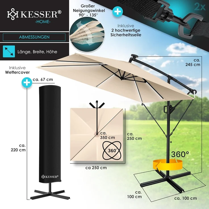 KESSER® Ampelschirm Holly Sonnenschirm Rechteckig mit und ohne LED Solar inkl. Abdeckung + Windsicherung mit Kurbel | Kurbel-Schirm mit Ständer UV-Schutz Aluminium Wasserabweisend Ø350cm Gartenschirm Beige, Mit LED – Bild 7
