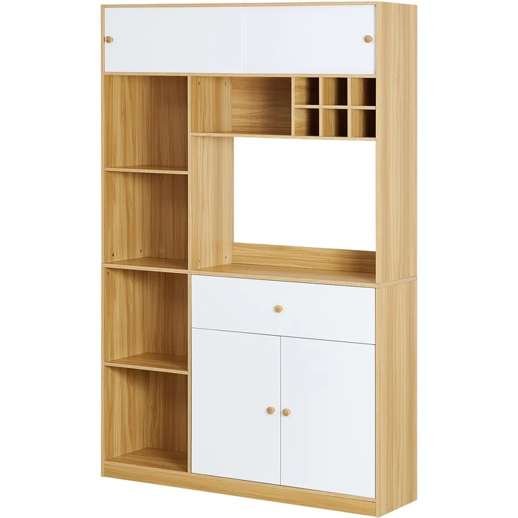 ZUBALIYA Buffetschrank 115x35x180 cm, mit LED-Beleuchtung, aus Spanplatte, Weiß / Natur – Bild 15