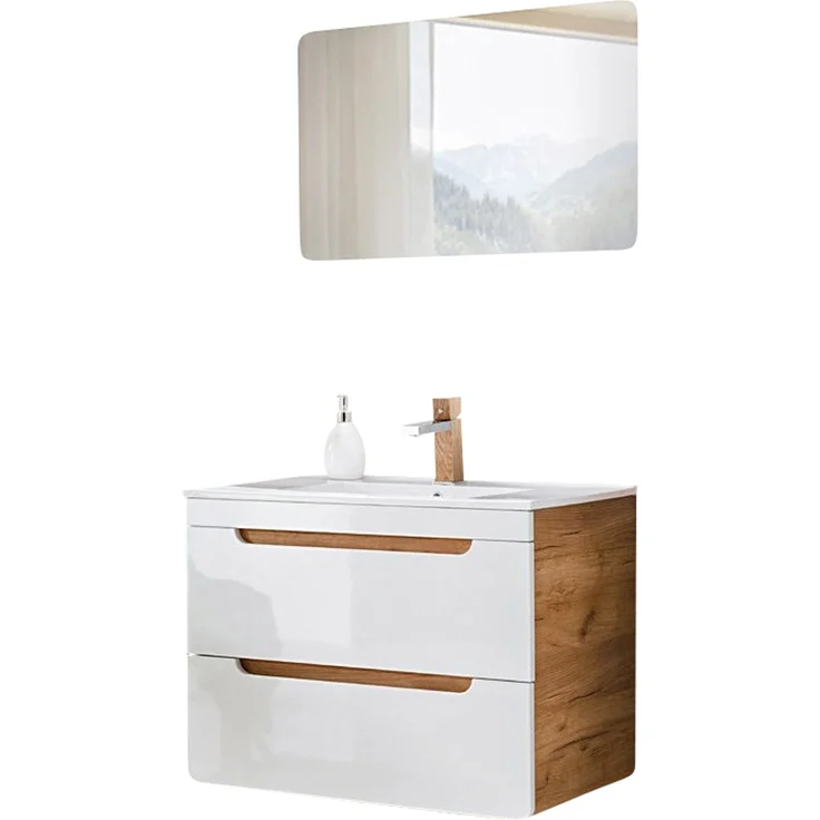 Badezimmermöbel Set Hochglanz weiß, Wotan Eiche Nb. LUTON-56 mit 81 cm Waschtisch & LED-Spiegel, 81/200/46 cm – Bild 8
