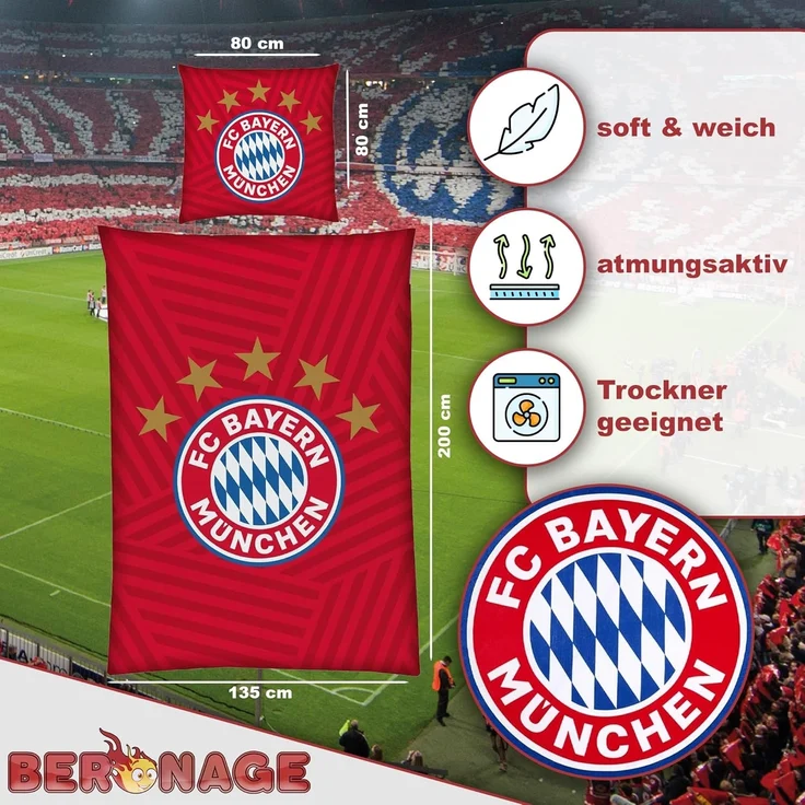 BERONAGE Wendebettwäsche FC Bayern München Bettwäsche " 5 Sterne Rot " Linon / Renforcé, Baumwolle, 2 teilig, 135x200 + 80x80 cm – Bild 2