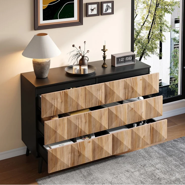 DESVIAE Sideboard mit 6 Schubladen 120x85x40 cm aus MDF und Spanplatte Schwarz/Natur – Bild 2