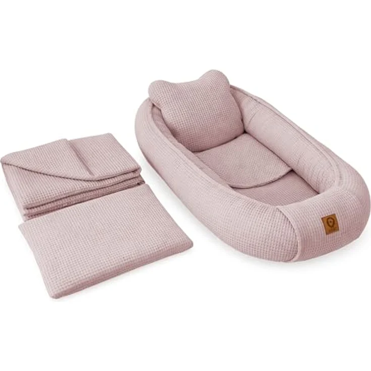 Babynestchen Neugeborene – 5-teiliges Baby Set mit Babynest aus Waffelpique Baumwolle – Nestchen Baby für Babybett & Kinderbett – Babykokon Tragbar – OEKO-TEX zertifiziert – Zubehör Babybett - Pink – Bild 1