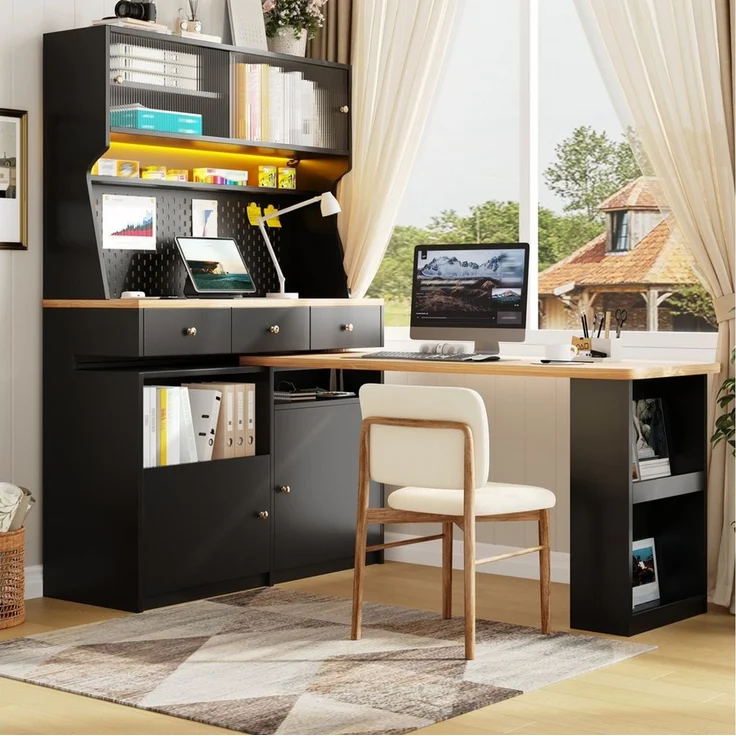 Flieks Buffet Küchenschrank Küchenbuffet mit 360° drehbar Esstisch (Buffetmaße: 119,2x44,8x177,7 cm, Tischplattemaße: 137x59 cm, 2-St, mit Acryl-Schiebetür und Schubladen) Hochschrank mit LED-Beleuchtung & Stecktafel, Arbeitstisch mit Ablagen – Bild 4