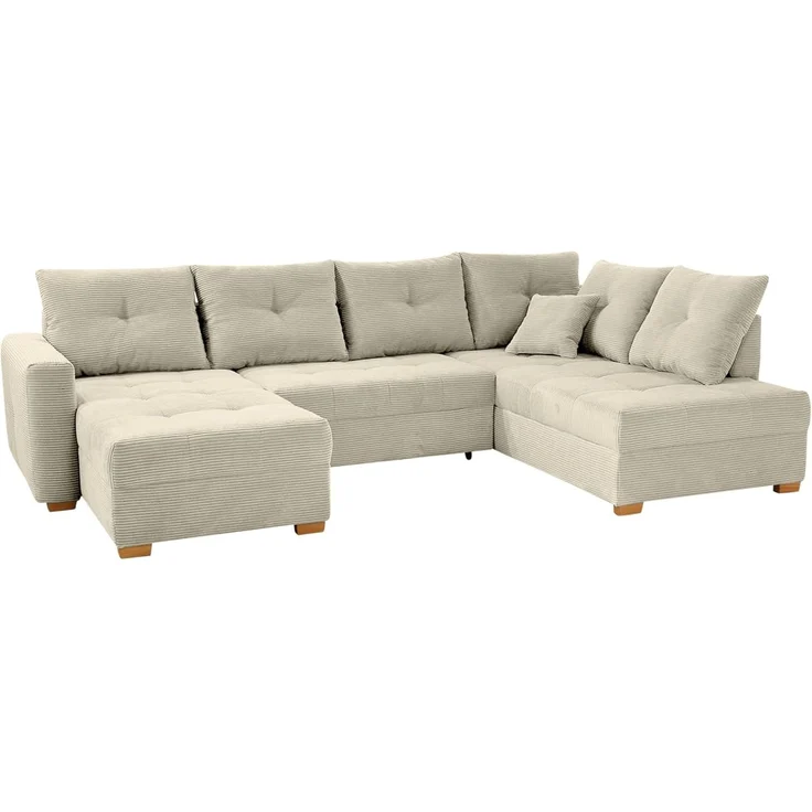 Wohnlandschaft U-Form Sofa groß Schlaffunktion Couch Bettkasten Cord Beige Grau – Bild 7