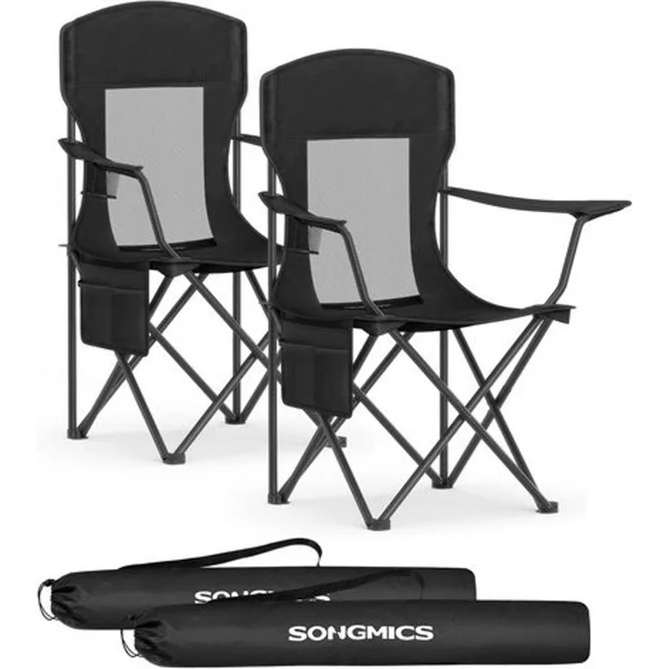 SONGMICS Campingstuhl 2er Set, Klappstuhl Outdoor, Angelstuhl, hohe Rückenlehne, verstellbare Armlehnen, Getränkehalter, klappbar, bis 150 kg belastbar, Camping Garten, tintenschwarz GCBDE028B02