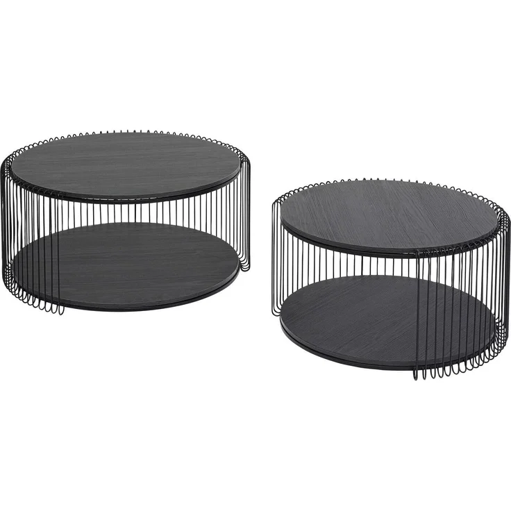 Kare Design Couchtisch Wire Double Wood 2er Set, Schwarz, 63cm Durchmesser,Wohnzimmertisch, Stahlgestell, Tischplatte aus Holz, Wohnzimmer, Rund, 34 x 70 x 70 cm (H/B/T)