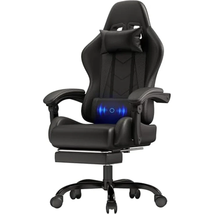 JUMMICO Gaming Stuhl Massage, Bürostuhl Ergonomisch Mit Massage-Lendenkissen, Gamer Stuhl verstellbare Rückenlehne 90-150°,und fußstütze, Gamingstuhl 150 kg belastbarkeit, Schwarz – Bild 1