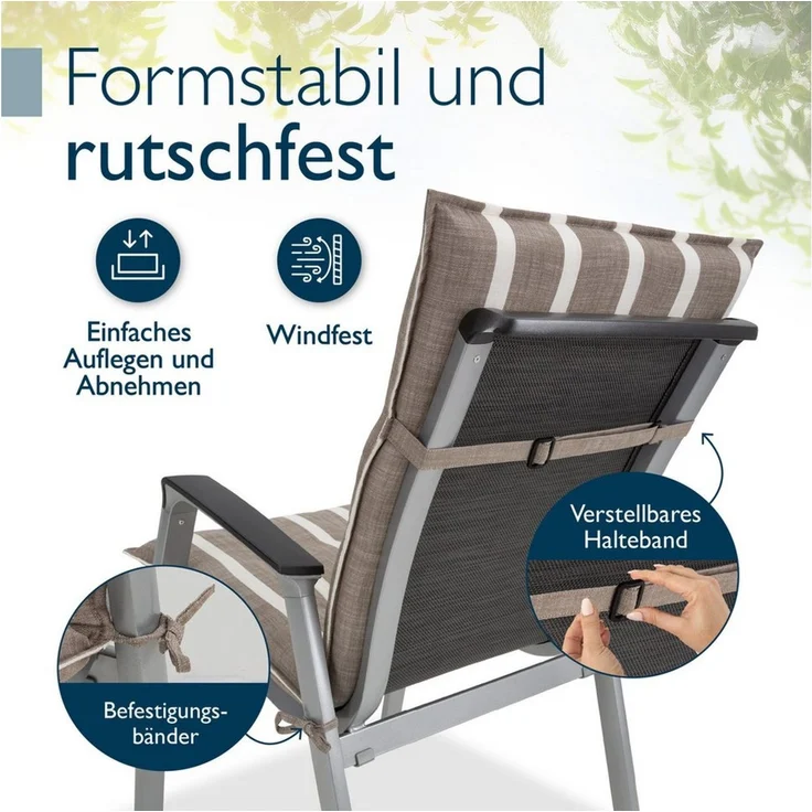 Beautissu Sitzauflage 2er Set Niedriglehner Auflage Sun-NL 100x50x8cm Beige-Weiß-Gestreift, 8cm Dicke Gartenstuhlauflage mit Befestigung UV-Lichtechtheit 5 – Bild 4