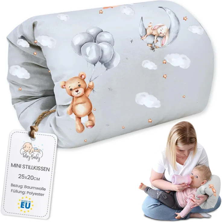 Stillkissen klein Breastfeeding und Nursing Pillow für unterwegs 20 cm - Stillmuff Armkissen und Lagerungskissen Baby Arm Still Kissen aus weicher Baumwolle Oeko-Tex Teddybären