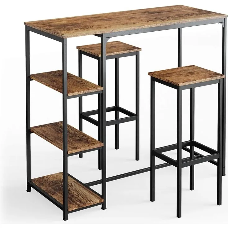 Bartisch-Set Fyrk Antikholz 120 x 50 cm mit Regalen und 2 Barhockern Vicco