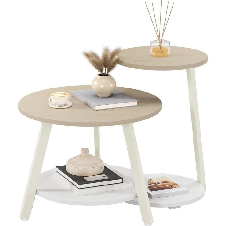 YITAHOME 2er Set Couchtisch Set Rund, Wohnzimmertisch mit Stauraum, Beistelltisch 2er Set Stapelbar mit Holzplatte und Metallrahmen, C-förmiger Beistelltisch, Couch Tisch Wohnzimmer, Eiche – Bild 8