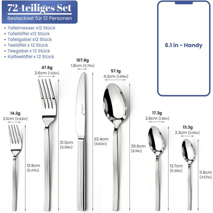 HOMELUX Besteck-Set 72-tlg. Besteck Set Für 12 Personen,Edelstahl, glänzend Silber, 12 Personen, Spiegelpoliert,spülmaschinengeeignet,hochwertiger Besteckkasten – Bild 3