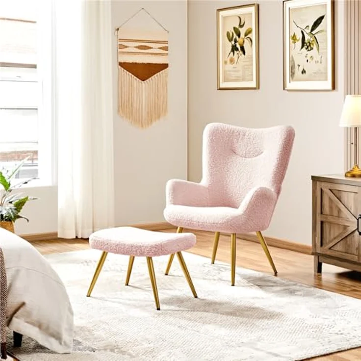 Yaheetech Ohrensessel mit Hocker Polyester-Bezug, Fernsehsessel Armlehnensessel Polstersessel Relaxsessel Cocktailsessel Teddy-Plüsch Stilvolles Design Rosa – Bild 5