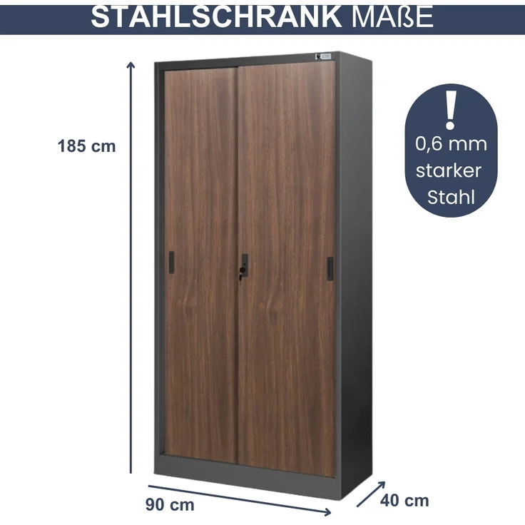 Aktenschrank abschließbar ROLF - Schiebetüren, 5 Ebenen | Büroschrank aus Stahl Metallschrank Werkstatt Mehrzweckschrank Werkzeugschrank, 185x90x40cm Anthrazit-Nussbaum – Bild 2
