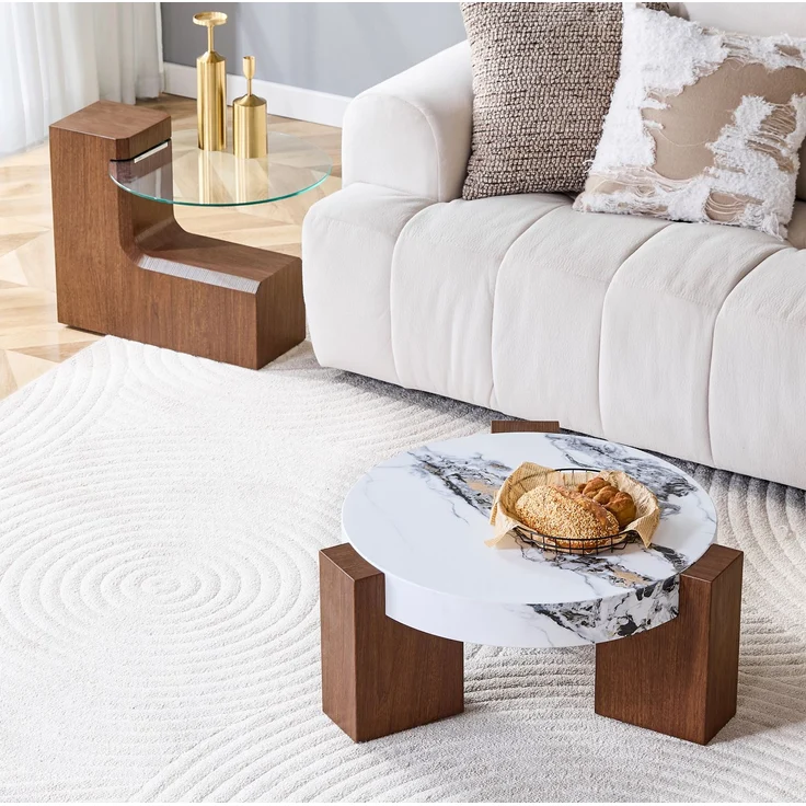DESVIAE Couchtisch-Set 2-tlg. mit Sicherheitsglas Ø 61 cm, H 30 cm MDF in Nussbaum- und weißer Marmoroptik, 61 x 61 x 30 cm – Bild 3