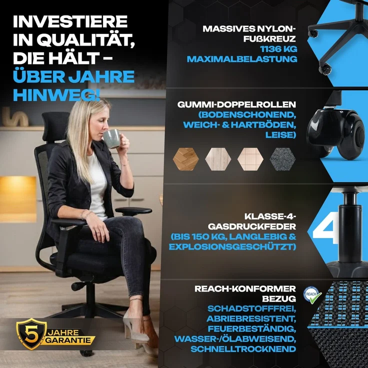 VALKENSTOL M4 Bürostuhl Ergonomisch Testsieger mit 5D Armlehnen und Kopfstütze für maximale Bewegungsfreiheit, Bequeme und Rückenfreundliche Bürostühle, Schreibtischstuhl, Home Office Chair – Bild 5