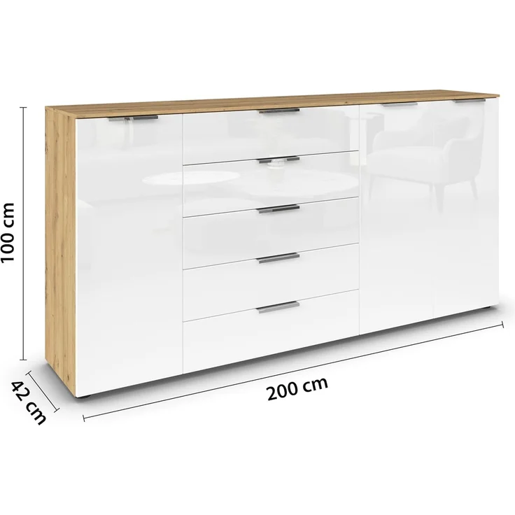 Rauch Möbel Flipp, Kombikommode, Kommode mit Stauraum für Wohnzimmer, Schlafzimmer, Flur, 4 Fachböden, Eiche Artisan/Glasfront Weiß, 3-türig, Glastüren, 5 Schubkästen, Griffe chrom, 199 x 100 x 42 cm – Bild 3