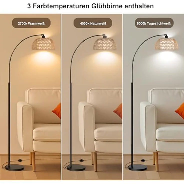 ROTTOGOON Bogen Rattan Stehlampe für Wohnzimmer 3 Farbtemperaturen Dimmbare 9W LED mit Fußschalter Boho Landhausstil Stehleuchte für Schlafzimmer Büro inkl. Birne Schwarz – Bild 3