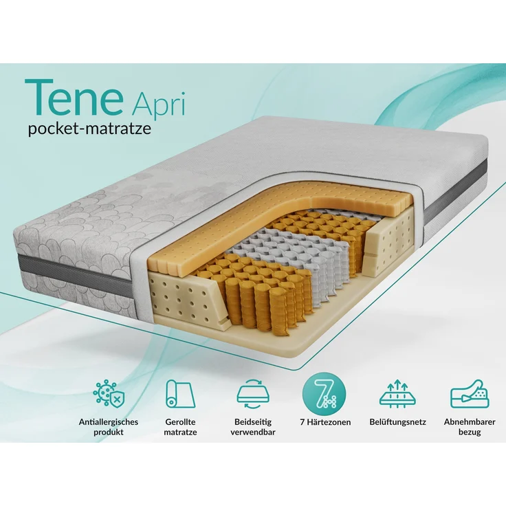 Taschenfederkernmatratze H3 – 7 Zonen Rollmatratze, abnehmbarer waschbarer Bezug, für Allergiker geeignet, Latex - 120 x 200 cm - TENE - APRI – Bild 2