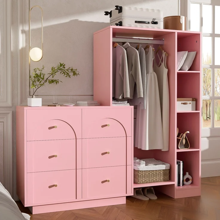 Wohnora-Moderner Mehrzweck-Kleiderschrank, offene Garderobe mit Kleiderstange, 6 Schubladen und Seitenregalen, Schlafzimmer-Aufbewahrungsschrank, Rosa, 139 × 35 × 133 cm,H 133cm x T 139cm x B 35cm – Bild 2