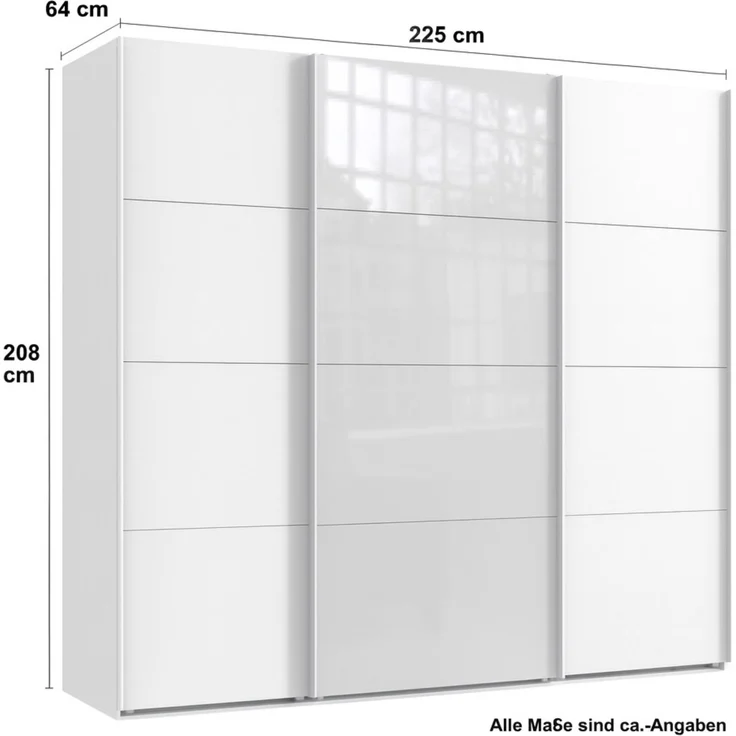Schwebetürenschrank Kleiderschrank B225 cm H208 cm 3-türig Weiß, 1x Tür Glas Weiß – Bild 5