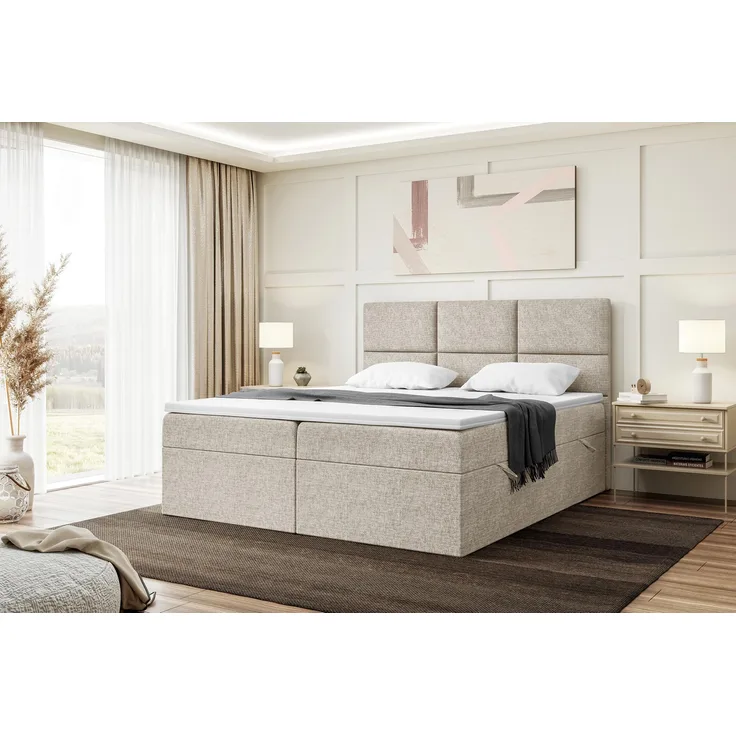 MEBLINI Boxspringbett KYLIAN 180x200 cm mit Bettkasten - H4/Beige Webstoff Polsterbett - Doppelbett mit Topper & Taschenfederkern-Matratze