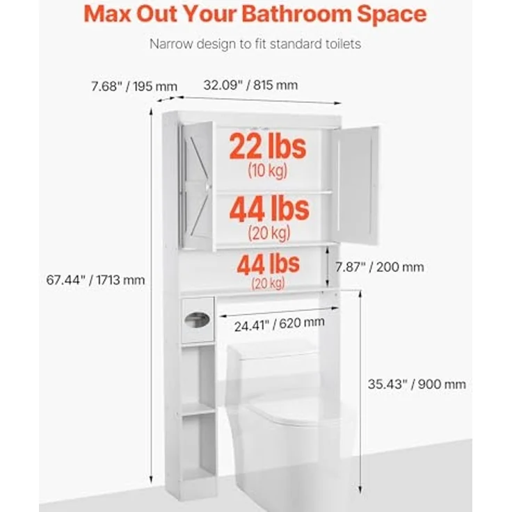 VEVOR Toilettenschrank Badezimmerschrank mit Doppeltür & verstellbarem Regal, platzsparender 3-stöckiger Badschrank über der Toilette mit offenem Regal, 1713 x 815 x 195 mm Aufbewahrungsschrank Weiß – Bild 3