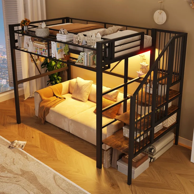 U-life Hochbett 90x200 cm, Stufen-Ablageregal, Gitterelemente, Aufbewahrungskorb, Offener, Metall, Schwarz – Bild 2