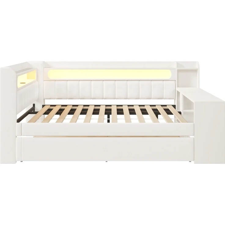 Stauraumbett mit gepolstertem Kopfteil, Schreibtisch und LED-Beleuchtung (140x200cm, Lattenrost, Regal, Gästebett, USB und Type-C), Doppelbett – Bild 8